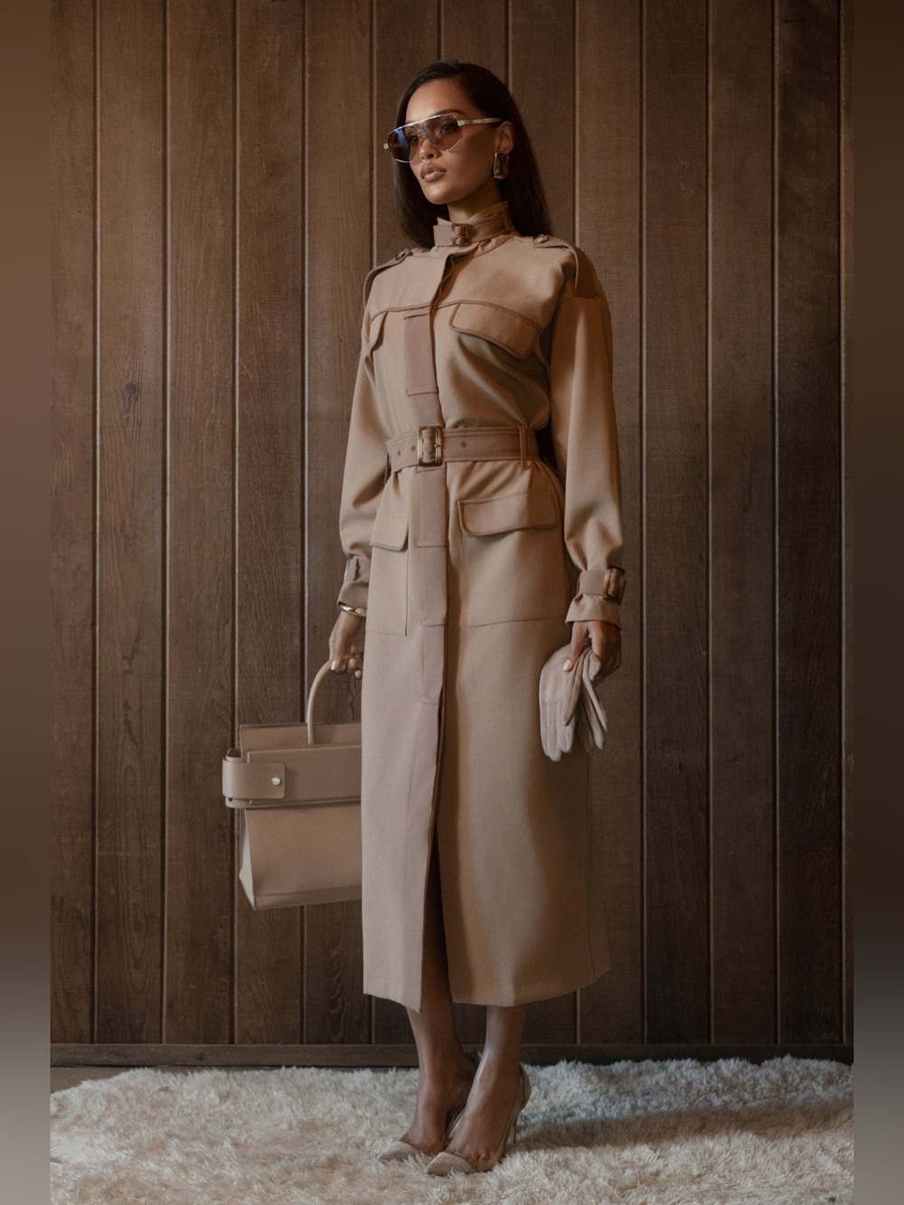 JLUXLABEL Beige Icon Belted Midi Dress